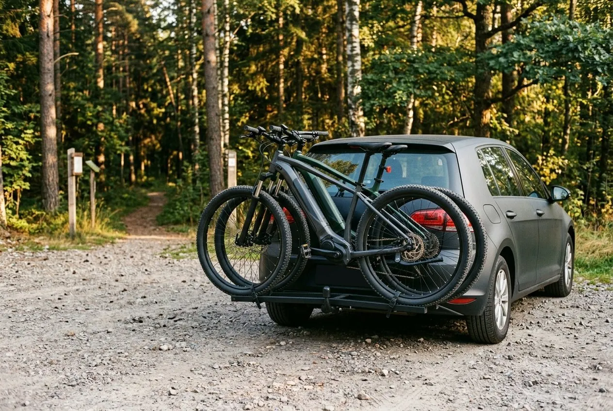 Symbolbild: Fahrradträger mit zwei E-Bikes auf der Anhängerkupplung eines Kleinwagens