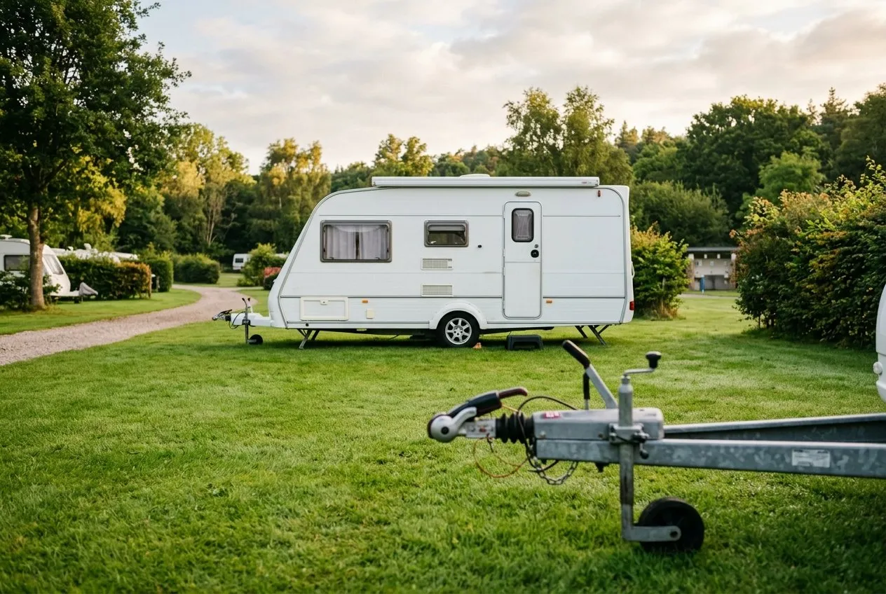 Symbolbild: abgekuppelter Wohnwagen auf einer Campingwiese, im Vordergrund Deichsel mit Kupplungskopf und Stützrad